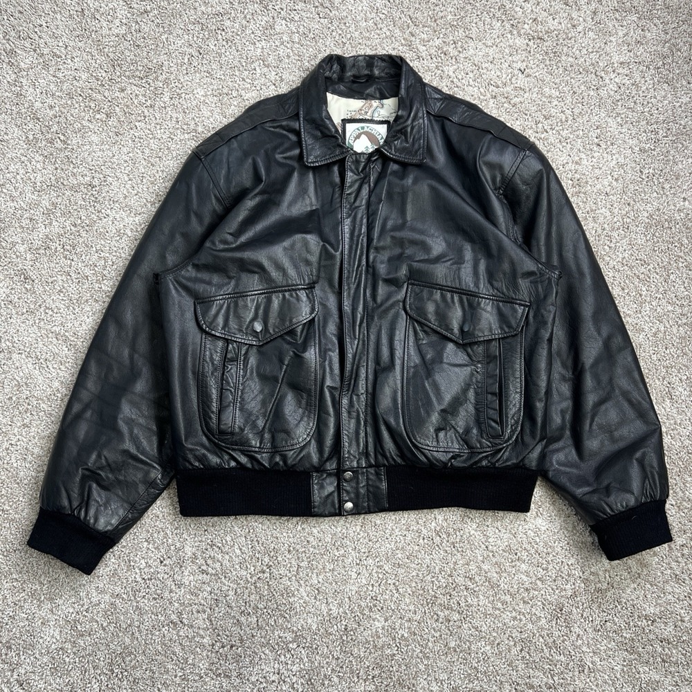 Vintage Appalachian Leather Aviator Flight Bomber Jacket Black Men L Map Lined